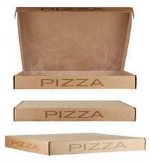 Set of three cardboard pizza boxes from different angles with the inscription PIZZA, isolated on a white background. One open and two closed. Concept: biodegradable packaging, recyclable products.