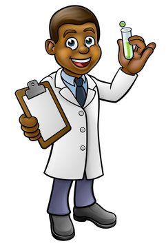 A cartoon scientist professor wearing lab white coat holding a test tube and clipboard