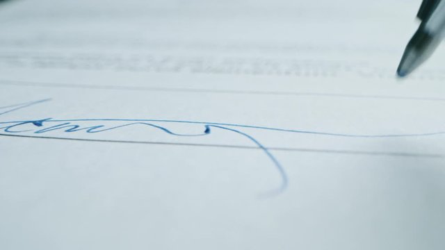 Person Signing Important Document. Camera Following Tip of the Pen as it Signs Crucial Business Contract. Mock-up "Lorem Ipsum" Signature Made on the Template Document. Macro Close-up Shot