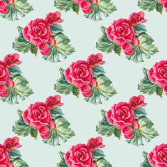 Red begonia flowers with leaves on light green background. Seamless floral pattern.