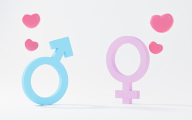 Gender. Male and Female & heart 3d symbol sign, Man and Woman blue & pink pastel icon on white background for graphic and web design & minimal love idea creative concept. 3d illustration