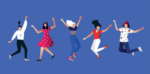 Group of young stylish joyful girls jumping with raised hands. Happy positive young women rejoicing together. flat cartoon style. Vector illustration. Characters design. 