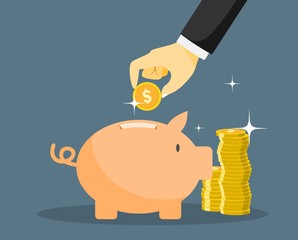 Hand puts a coin in a pig bank.