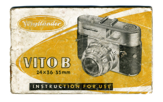 london, england, 05/05/2018 Old retro vintage voigtlander vito b 1954 instruction manual. old vintage antique german and swiss hand made metal cameras 35 mm film photography.