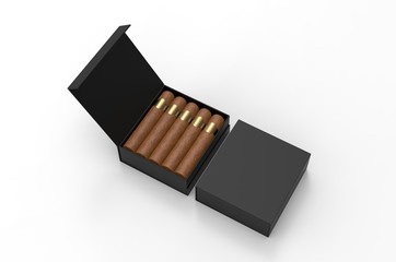 Blank cigars in hard paper box template for mock up, 3d render illustration. 