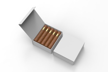 Blank cigars in hard paper box template for mock up, 3d render illustration. 