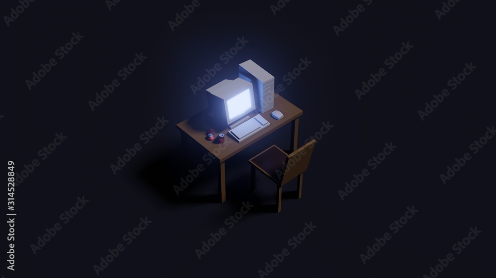 Poster simple mock up composition with old computer on dark background 3d render low poly