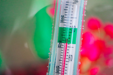 Aquarium thermometer measuring water at the fish tank.