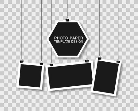 Hanging photo frames. Black empty place for your text or photo. Vertical and horizontal photo design 