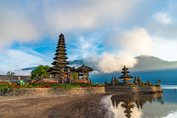 Pura Ulun Danu Bratan, Hindu temple on Bratan lake morning landscape, one of famous tourist attraction in Bali, Indonesia