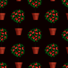 seamless pattern in bright colors with flowers in pots with roses