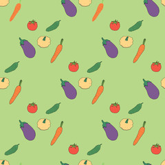 Seamless background with tomato, eggplant, squish, cucumber, carrot. Endless pattern of fresh healthy vegetables.