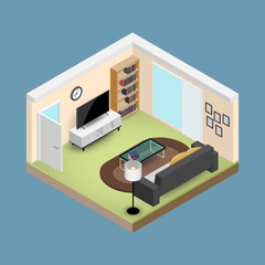 Concept room isometrics 3d composition with a sofa and a large wide screen TV, a living room with many furnitures, a window and door open vector modern design.