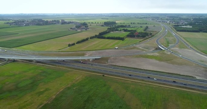The A6 A7 Highway Intersection, Pan Shot, Near Joure and Heerenveen - Friesland, Netherlands / Holland &ndash; 4K Drone Footage