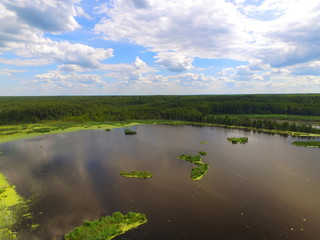 Summer landscape with blue sky over the lake from a bird's eye view.