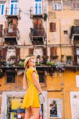 Fototapeta premium girl with long hair posing on the street on the background of t