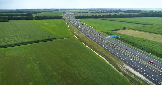 The A7 Highway, Flying Forwards Shot, A6 Intersection in the Background, Near Joure and Heerenveen - Friesland, Netherlands / Holland &ndash; 4K Drone Footage