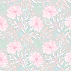 Seamless abstract pattern. Peonies and small flowers, polka dots and grunge elements in soft pink and gray.