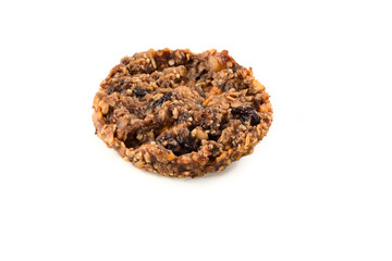 Oatmeal cookie with walnut and raisin, isolated on white background
