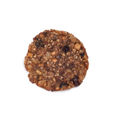 Oatmeal cookie with walnut and raisin, isolated on white background