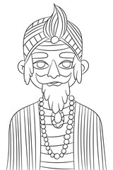 Magic men coloring book page for children and adults. Fortune teller with beard and mustaches, beads and turban. Simple outline vector stock illustration. Mystic men black outline on white background.