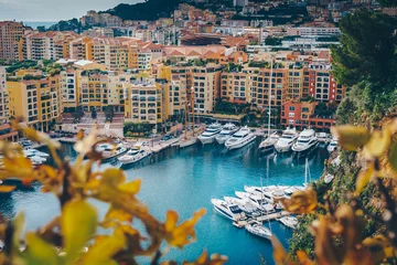 Fotobehang Aerial view of Monaco port. Port Fontvieille, Monaco Ville, topview from Monaco Ville, azure water, harbor, luxury apartments, yachts. view of yachts in Port Hercules, Monaco. © Natallia
