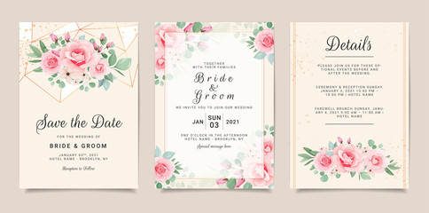 Fototapeta na wymiar Set of card with flowers border. Invitation template set with floral decoration. Roses and leaves botanic illustration for wedding card, background, save the date, greeting, poster, cover vector