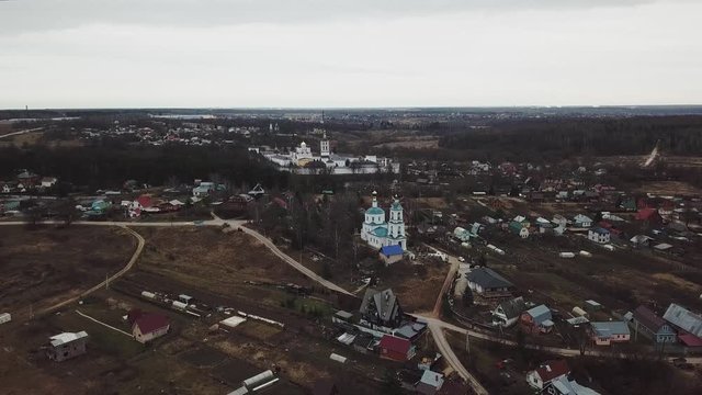 Aerial: View of the Roshcha (Grove) Village near the Borovsky Monastery, Kaluga Oblast, Russia