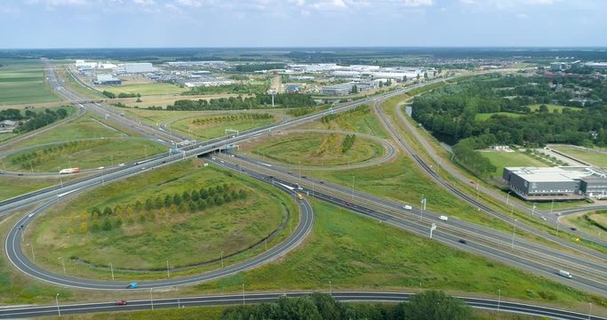 The Heerenveen Highway Intersection of A32 and A7, Trucking and Pan Shot - Friesland, Netherlands / Holland &ndash; 4K Drone Footage