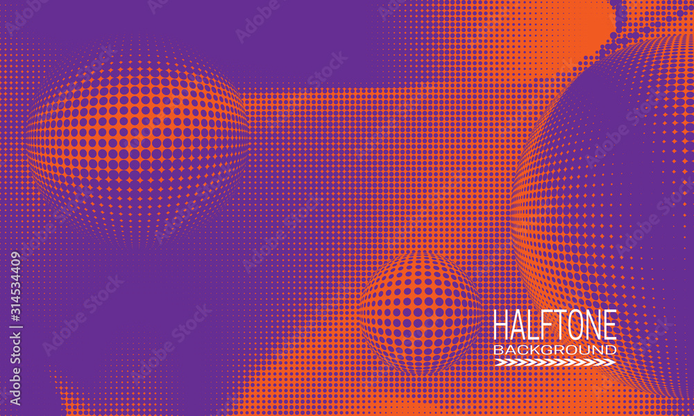 Poster halftone background design with purple orange space abstraction. monochrome printing raster of edita