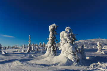 Beautiful vibrant aerial winter mountain view of ski resort, sunny winter day with slope, piste and ski lift