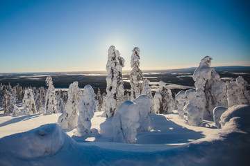 Beautiful vibrant aerial winter mountain view of ski resort, sunny winter day with slope, piste and...