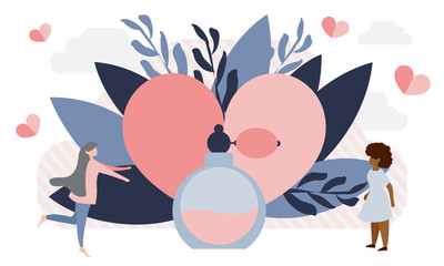  Simple, flat illustration of perfume. Vintage bottle for body aroma, concept with tiny people. 