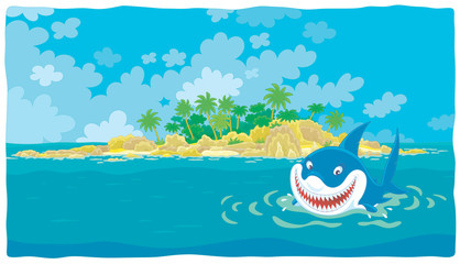 Fototapeta na wymiar Funny great white shark insidiously smiling and swimming in blue water of a tropical sea near a beautiful palm island, vector cartoon illustration