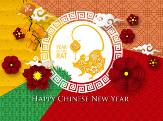 2020 Chinese New Year Greeting Card. Year of the Rat. Chinese New-Year. Paper cut with Rat and Flowers. gong xi fa cai 2020. Hieroglyph - Zodiac Sign Rat. Place for your Text.