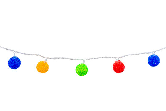 hanging colorful balls Christmas garland on a white background in isolation