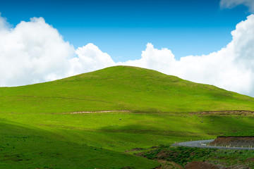 Fototapeta na wymiar Picturesque green hill on a background of blue sky on a clear summer day, Caucasus in June