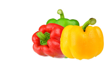 Group of bell pepper, sweet pepper or capsicum isolated on white background. Copy space on left. Can used for oganic vegetable and healthy food contents.