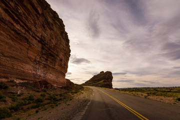 Roadside view of rock objects formation in Los Altares, Chubut, Patagonia, Argentina
