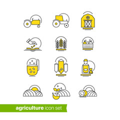 Organic farming and local family own business in sustainable ways. Modern agriculture icon set.  Natural, eco, bio illustrations and symbols collection with color fill