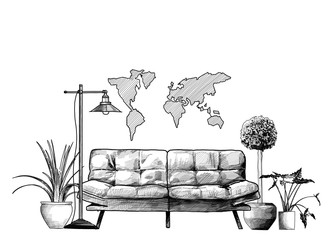 loft style interior sofa flowers floor lamp and decorative map on the wall, sketch vector graphics monochrome illustration on white background