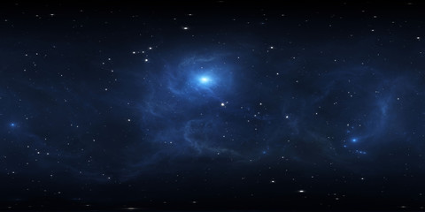 360 degree space background with blue nebula and stars, equirectangular projection, environment map. HDRI spherical panorama.