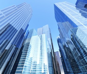 Plakat Skyscrapers view from below. Modern high-rise buildings. Modern city .. 3D rendering