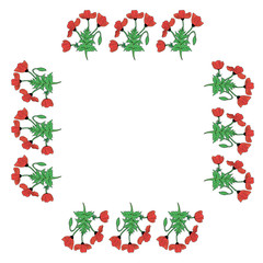 Square frame with colored poppies, poppy Bud and leaf. Isolated wreath of red flowers on white background for your design