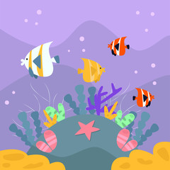 Fototapeta na wymiar underwater background with fish and coral. flat design illustration