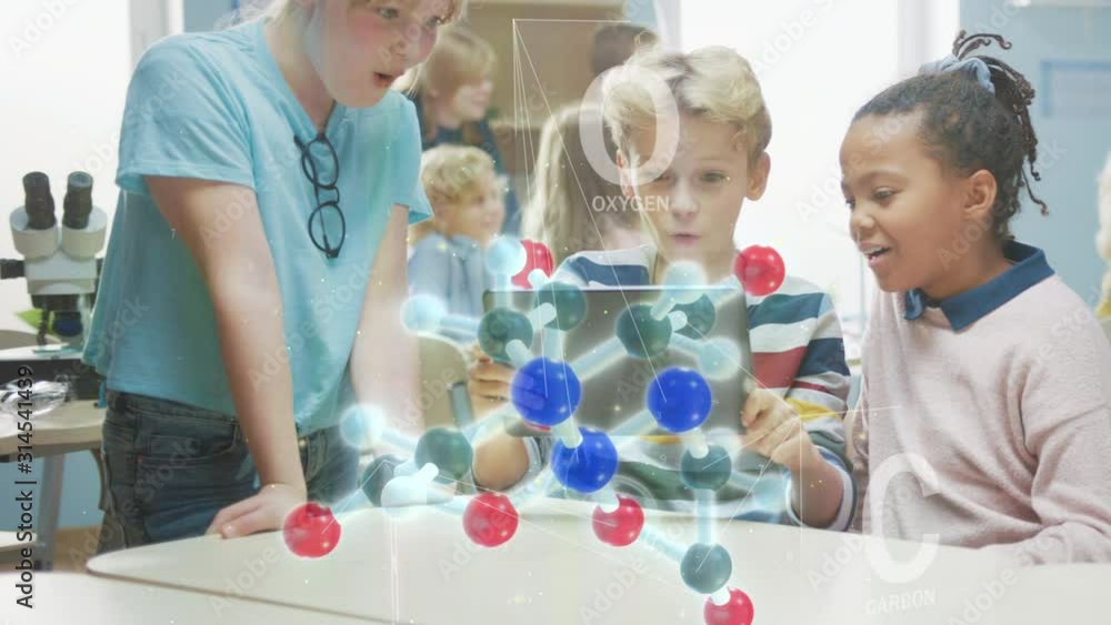 Poster three diverse school children in chemistry science class use digital tablet computer with augmented 