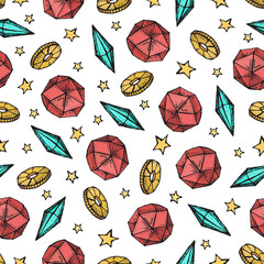 Jewelry precious stones seamless pattern. Gemstones, gem jewels, diamonds, gold coins, and stars on white background. Vector illustration in cartoon style.