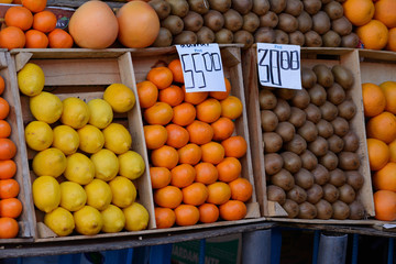Fresh fruits at the market with prices on them