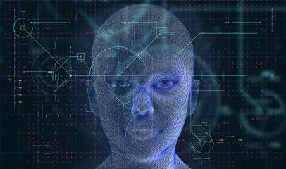 Closeup of a woman's 3d face with virtual hud overlays