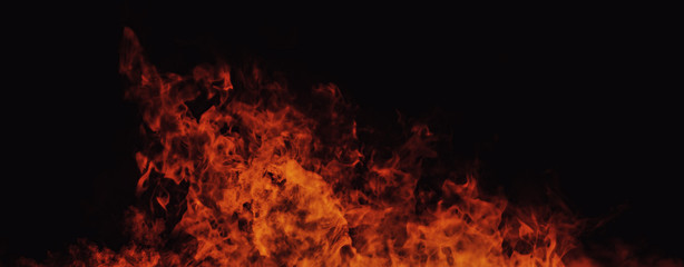 Panoramic view realistic isolated fire flame effect for decoration and covering on black background. Stock illustration.